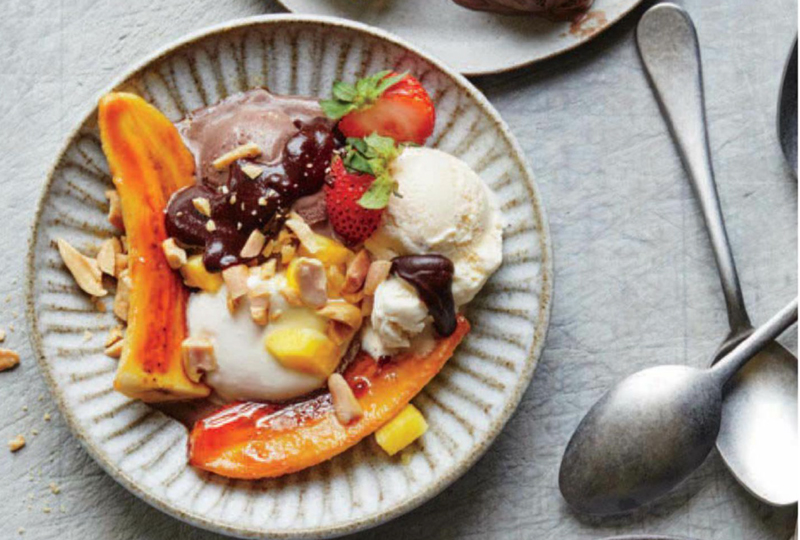 Caramelized Banana Split with Espresso Hot Fudge Sauce