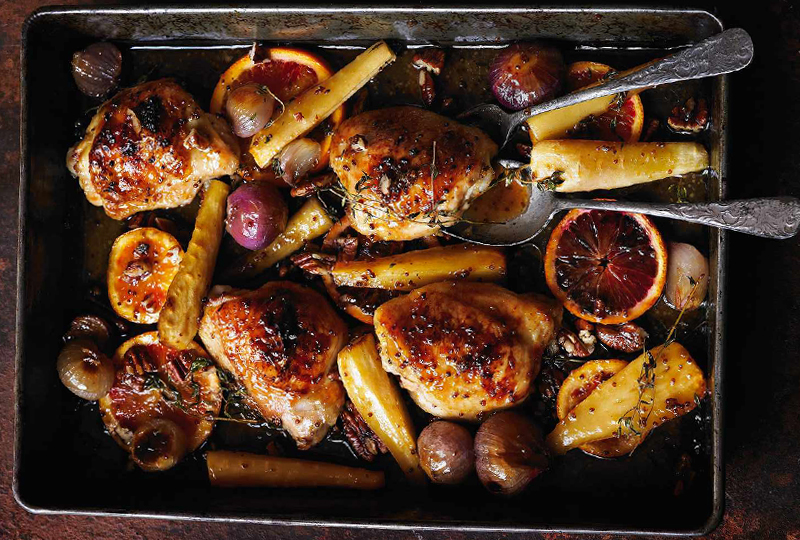 Sticky orange chicken with parsnips oven tagine