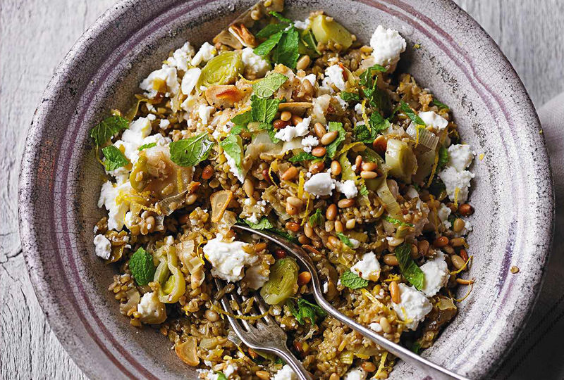 Leek & freekeh pilaf with feta & toasted pine nuts salad